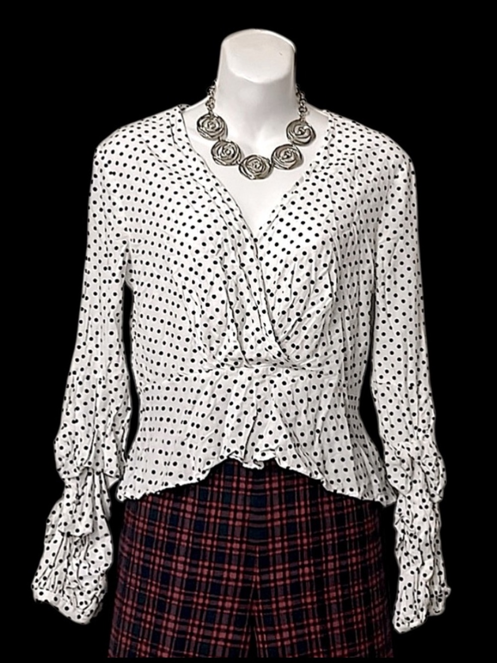 ASTR The Label White Black Swiss Polka Dot Ruched Long Sleeve Peplum Blouse M/L